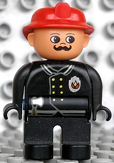 Duplo Figure, Male Fireman, Black Legs, Black Top with Flame Logo, Red Fire Helmet, Moustache
