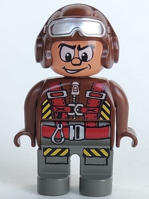 Duplo Figure, Male Action Wheeler, Dark Gray Legs, Brown Top with Parachute Straps, Brown Helmet with Goggles