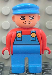 Duplo Figure, Male, Blue Legs, Red Top with Blue Overalls, Blue Cap, Turned Down Nose