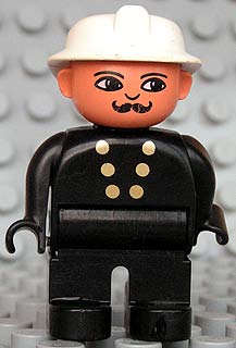 Duplo Figure, Male Fireman, Black Legs, Black Top with 6 Gold Buttons, White Fire Helmet, Moustache