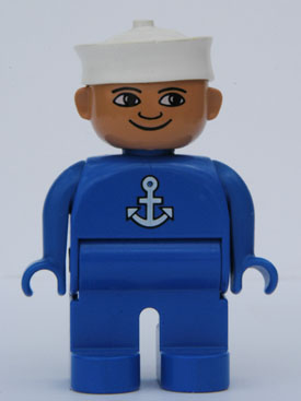 Duplo Figure, Male, Blue Legs, Blue Top with White Anchor, White Sailor Hat