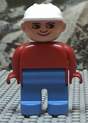 Duplo Figure, Male, Blue Legs, Red Top, White Construction Hat