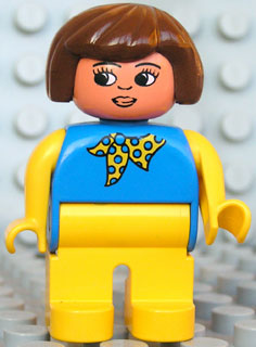 Duplo Figure, Female, Yellow Legs, Blue Top with Yellow and Blue Polka Dot Scarf, Yellow Arms, Fabuland Brown Hair