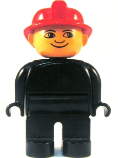 Duplo Figure, Male Fireman, Black Legs, Black Top (no buttons), Red Fire Helmet, no White in Eyes Pattern