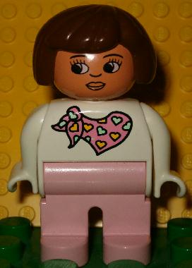 Duplo Figure, Female, Pink Legs, White Top with Pink Scarf with Hearts Pattern, Brown Hair