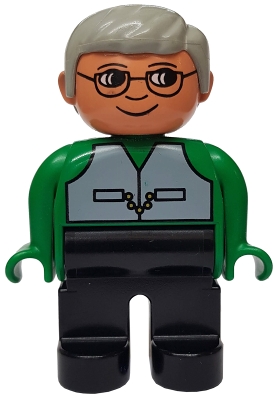 Duplo Figure, Male, Black Legs, Green Top with Vest, Gray Hair, Glasses