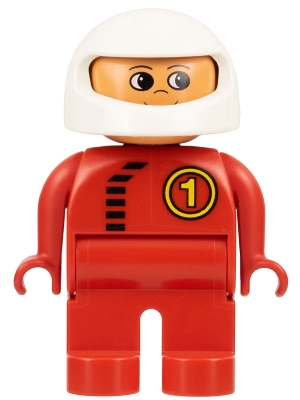 Duplo Figure, Male, Red Legs, Red Top with Black Zipper and Racer #1, White Helmet