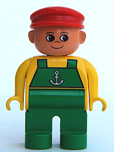 Duplo Figure, Male, Green Legs, Yellow Top with Green Overalls and Anchor, Red Cap