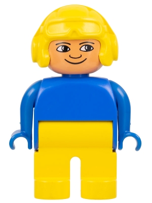 Duplo Figure, Male, Yellow Legs, Blue Top, Aviator Helmet Yellow
