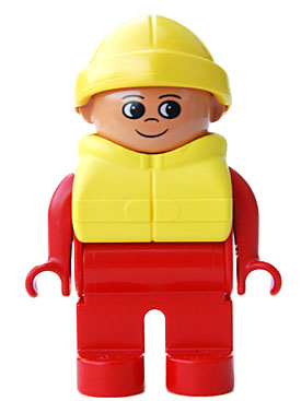 Duplo Figure, Male, Red Legs, Red Top, Life Jacket, Yellow Rain Hat