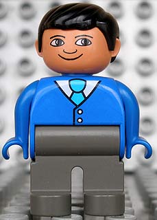 Duplo Figure, Male, Dark Gray Legs, Blue Top With 2 Buttons And Tie, Black Hair