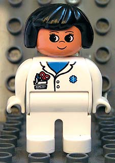 Duplo Figure, Female Medic, White Legs, White Top with Pocket and EMT Star of Life Pattern, Black Hair
