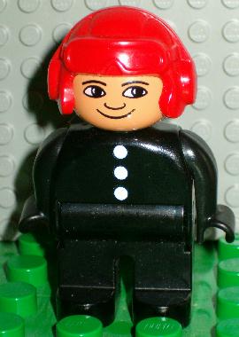 Duplo Figure, Male Fireman, Black Legs, Black Top with 3 White Buttons, Red Aviator Helmet