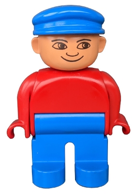Duplo Figure, Male, Blue Legs, Red Top, Blue Cap