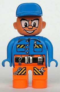 Duplo Figure, Male Action Wheeler, Orange Legs with Belt, Blue Top with Pen, Chain, Radio, and Wrench, Blue Cap