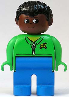 Duplo Figure, Male, Blue Legs, Green Zippered Jacket, Black Curly Hair, Brown Head