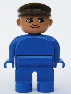 Duplo Figure, Male, Blue Legs, Blue Top, Brown Cap