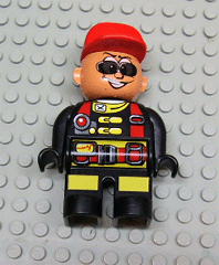 Duplo Figure, Male Action Wheeler, Black Legs with Yellow Patches, Red Straps, Sunglasses, Red Cap