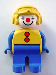 Duplo Figure, Male Clown, Blue Legs, Yellow Aviator Helmet