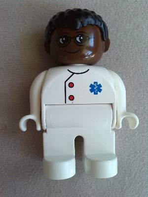 Duplo Figure, Male Medic, White Legs, White Top with EMT Star of Life Pattern, Black Hair, Brown Head, Glasses