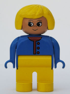 Duplo Figure, Female, Yellow Legs, Blue Sweater Unbuttoned with Red Buttons, Yellow Hair