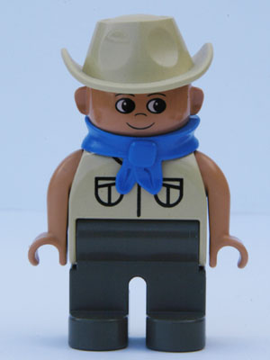 Duplo Figure, Male, Dark Gray Legs, Tan Top Safari with Pockets, Cowboy Hat, Blue Bandana