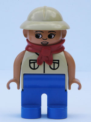 Duplo Figure, Female, Blue Legs, Tan Top with 2 Pockets, Tan Pith Helmet, Red Bandana, Eyelashes