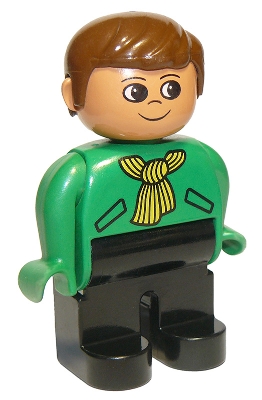 Duplo Figure, Male, Black Legs, Green Top with Yellow Scarf, Brown Hair