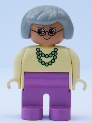 Duplo Figure, Female, Dark Pink Legs, Yellow Blouse with Green Necklace, Gray Hair