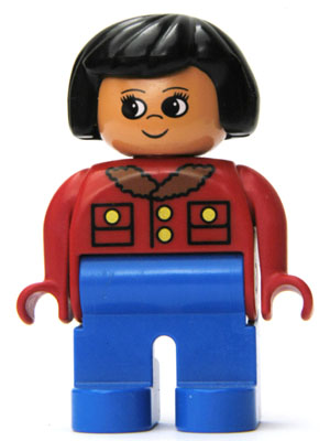 Duplo Figure, Female, Blue Legs, Red Jacket with Gold Buttons, Black Hair