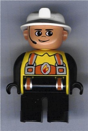 Duplo Figure, Male Fireman, Black Legs, Yellow Top with Flame and Orange Suspenders, White Fire Helmet, Headset