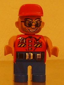 Duplo Figure, Male Action Wheeler, Blue Legs, Red Top with Wrench, Red Cap, Sunglasses, Beard
