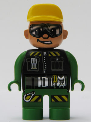 Duplo Figure, Male Action Wheeler, Green Legs, Green Top, Yellow Hat, Glasses (Construction Worker Driver)