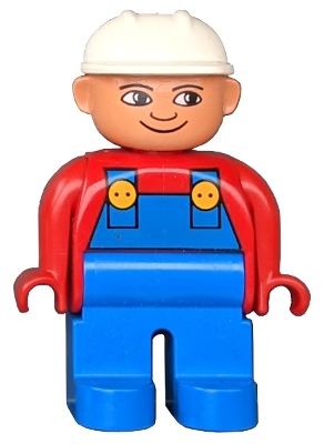 Duplo Figure, Male, Blue Legs, Red Top with Blue Overalls, Construction Hat White, Turned Down Nose