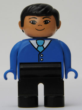 Duplo Figure, Male, Black Legs, Blue Top with Buttons and Tie, Black Hair, Asian Eyes