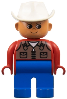 Duplo Figure, Male, Blue Legs, Red Top with Dark Tan Zipper Vest, White Cowboy Hat