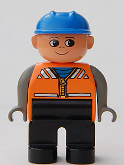 Duplo Figure, Male, Black Legs, Orange Vest, Dark Gray Arms, Construction Hat Blue