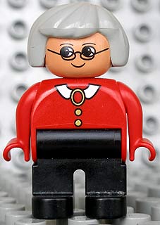Duplo Figure, Female, Black Legs, Red Blouse with White Collar, Gray Hair, Glasses