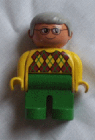 Duplo Figure, Male, Green Legs, Yellow Argyle Sweater, Gray Hair, Glasses