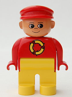 Duplo Figure, Male, Yellow Legs, Red Top with Recycle Logo, Red Cap, turned up Nose