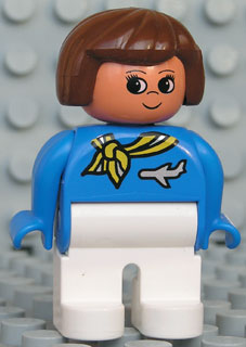 Duplo Figure, Female, White Legs, Blue Top with Scarf and Jet Airplane, Brown Hair, Turned Up Nose (Flight Attendant)