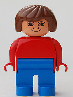 Duplo Figure, Female, Blue Legs, Red Top, Brown Hair, No Eyelashes, Plain Smile