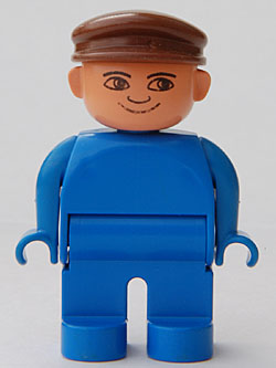 Duplo Figure, Male, Blue Legs, Blue Top, Brown Cap, no White in Eyes Pattern