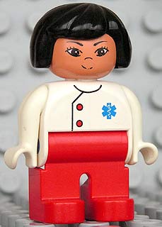 Duplo Figure, Female Medic, Red Legs, White Top with EMT Star of Life Pattern, Black Hair