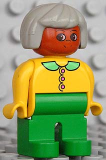 Duplo Figure, Female, Green Legs, Yellow Blouse with Collar, Gray Hair, Brown Head