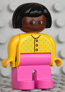 Duplo Figure, Female, Dark Pink Legs, Yellow Sweater with 3 Buttons V Stitching, Black Hair, Brown Head