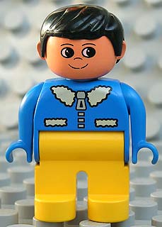 Duplo Figure, Male, Yellow Legs, Blue Top with White Collar, Black Hair