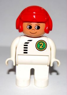 Duplo Figure, Male, White Legs, White Top with Black Zipper and Racer #2, Round Eyes, Red Aviator Helmet