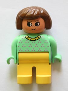 Duplo Figure, Female, Yellow Legs, Light Green Top with Purple Dots, Yellow Collar, Brown Hair