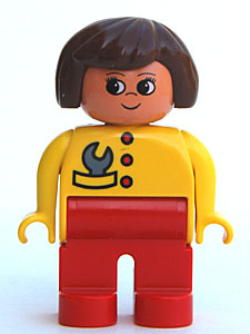 Duplo Figure, Female, Red Legs, Yellow Top with Red Buttons & Wrench in Pocket, Brown Hair, Turned Up Nose